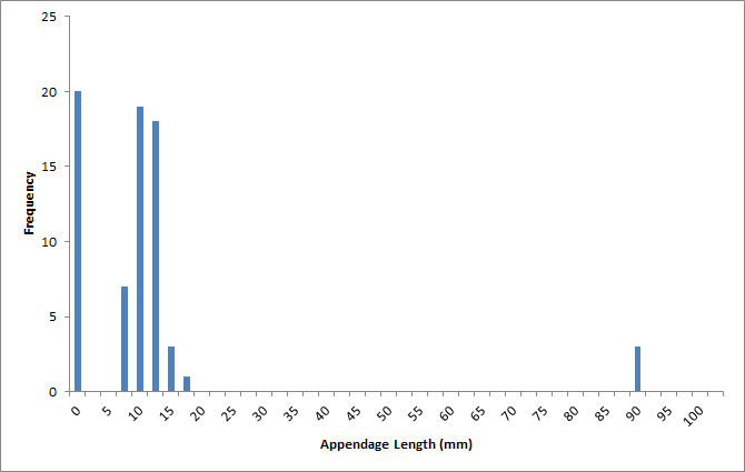 Frequency of the appendage lengths.