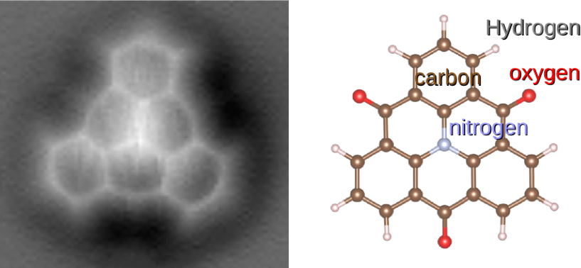 AFM image of 1,5,9-trioxo-13-azatriangulene and its chemical structure model.